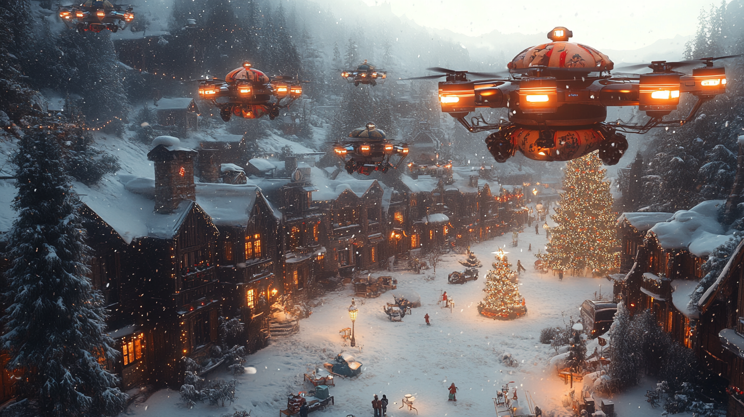 Drones Delivering Christmas Gifts Over Snowy Town