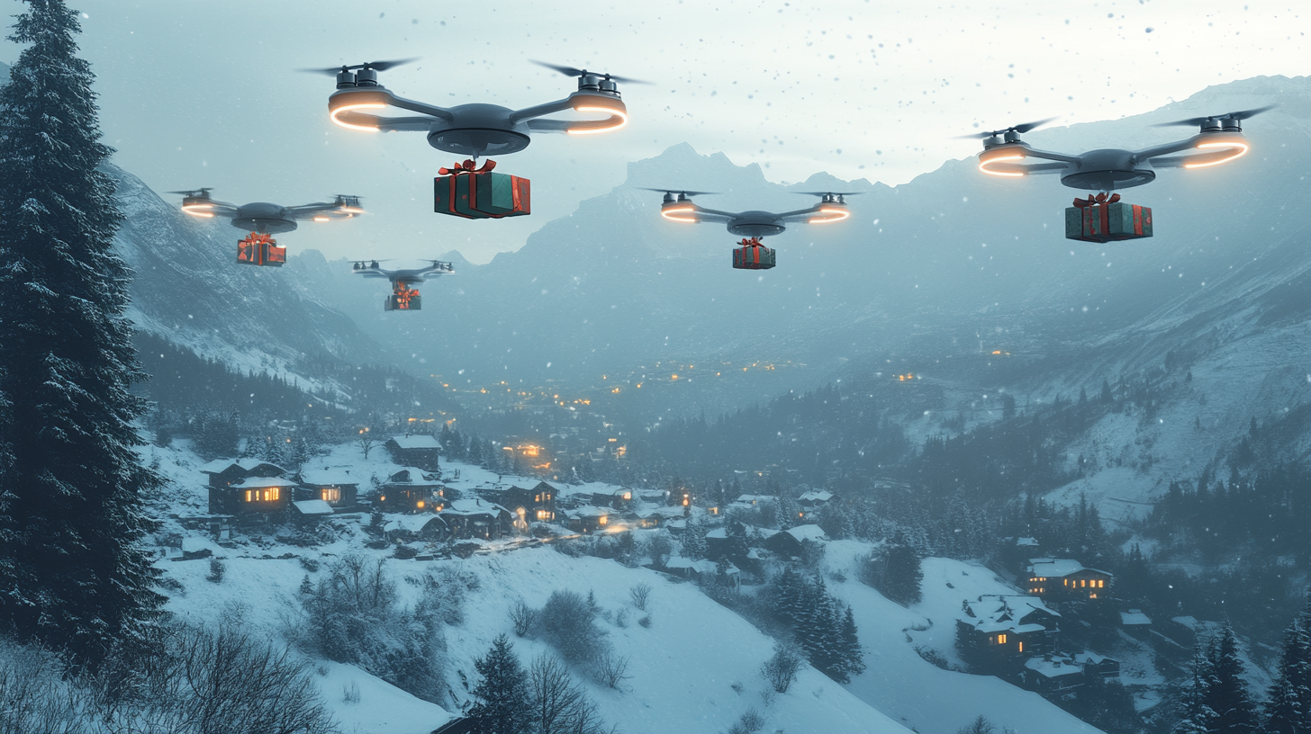 Drones Delivering Presents in Magical Snowy Town