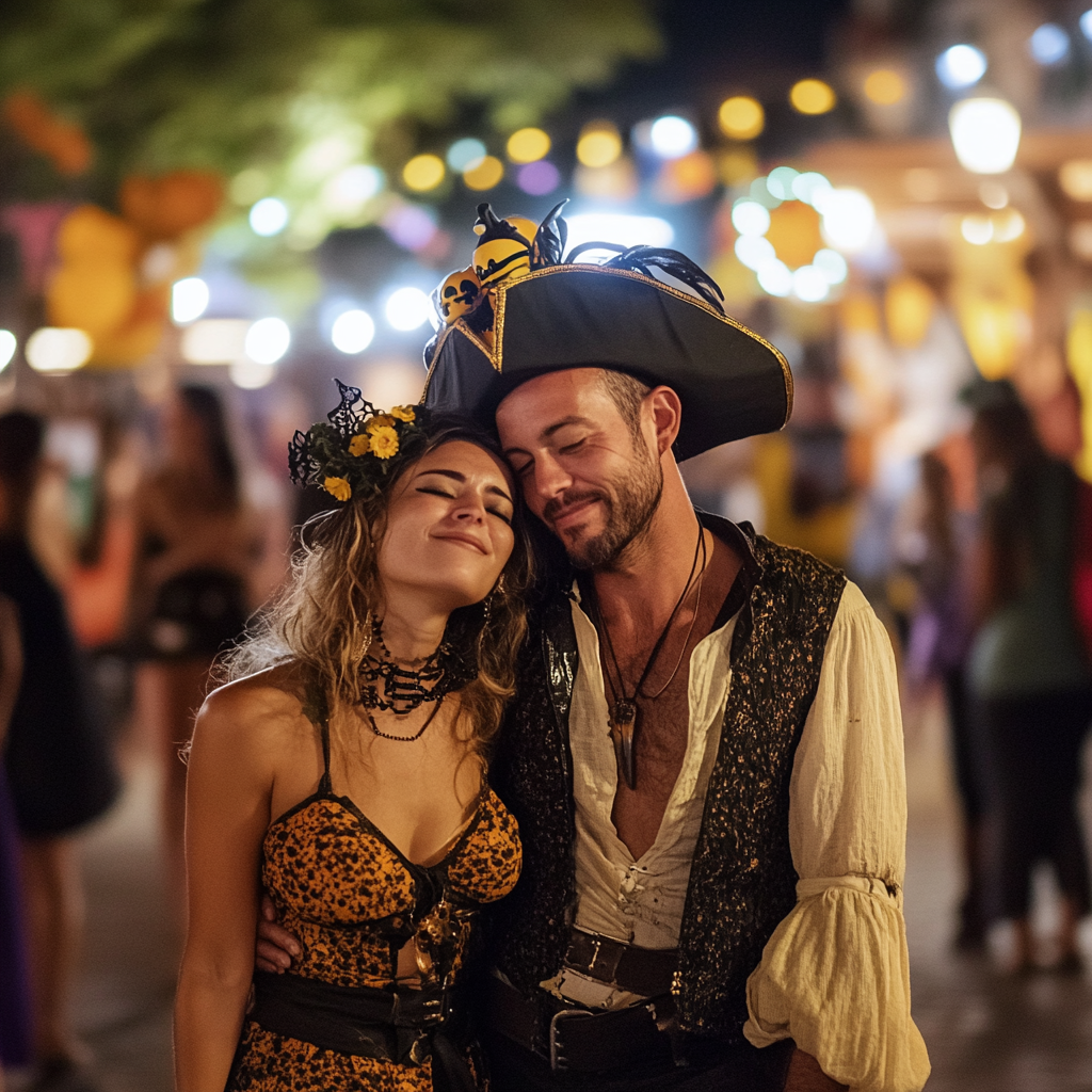 Drunk Pirate and Bee stumbling on Halloween street