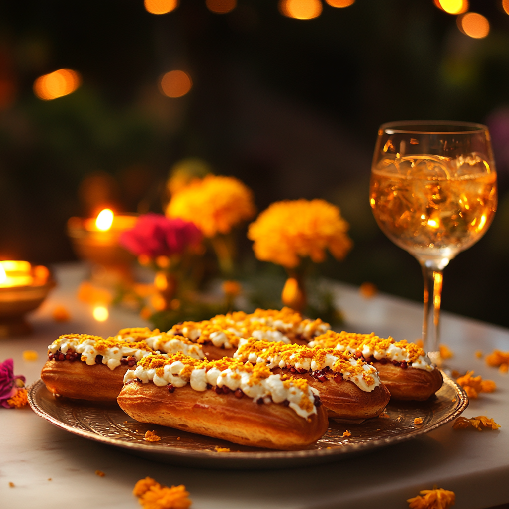 Dryfruit Eclairs, Marigold, and Diyas with Cocktail