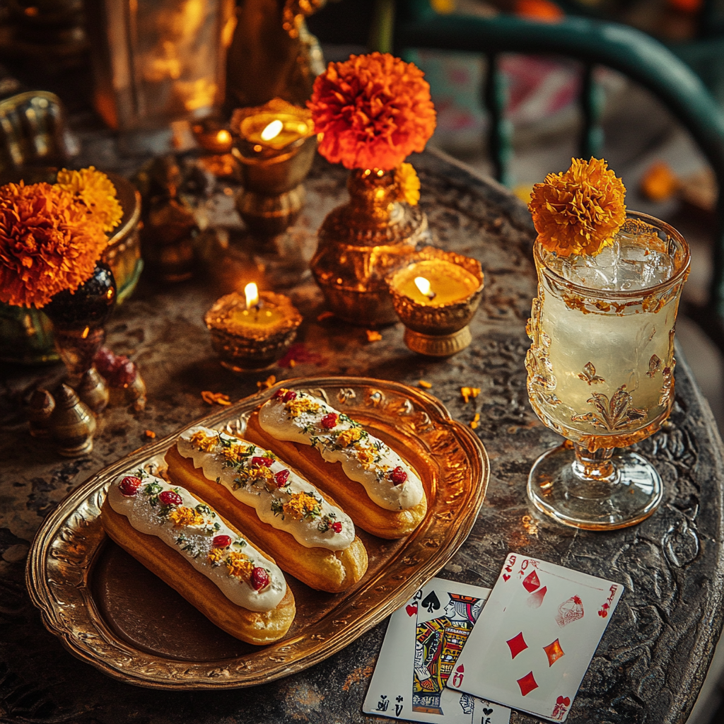 Dryfruit eclairs with gin and tonic, cards, diyas