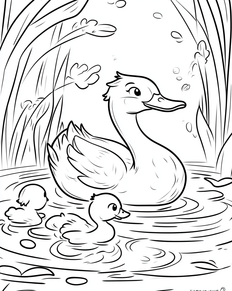 Duck and ducklings in a simple pond scene.