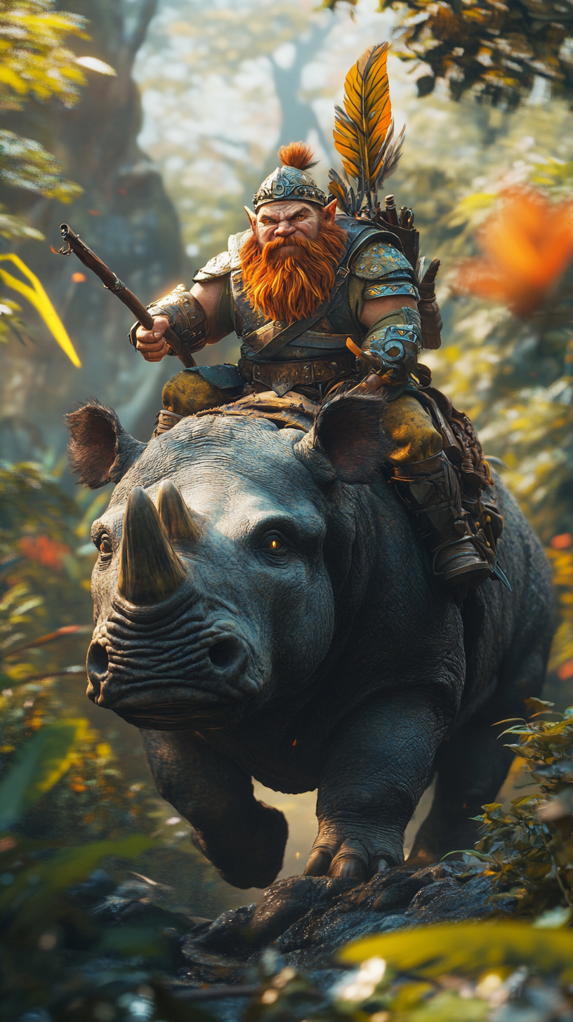 Dwarf fighter on rhino in ultra-realistic 8k.