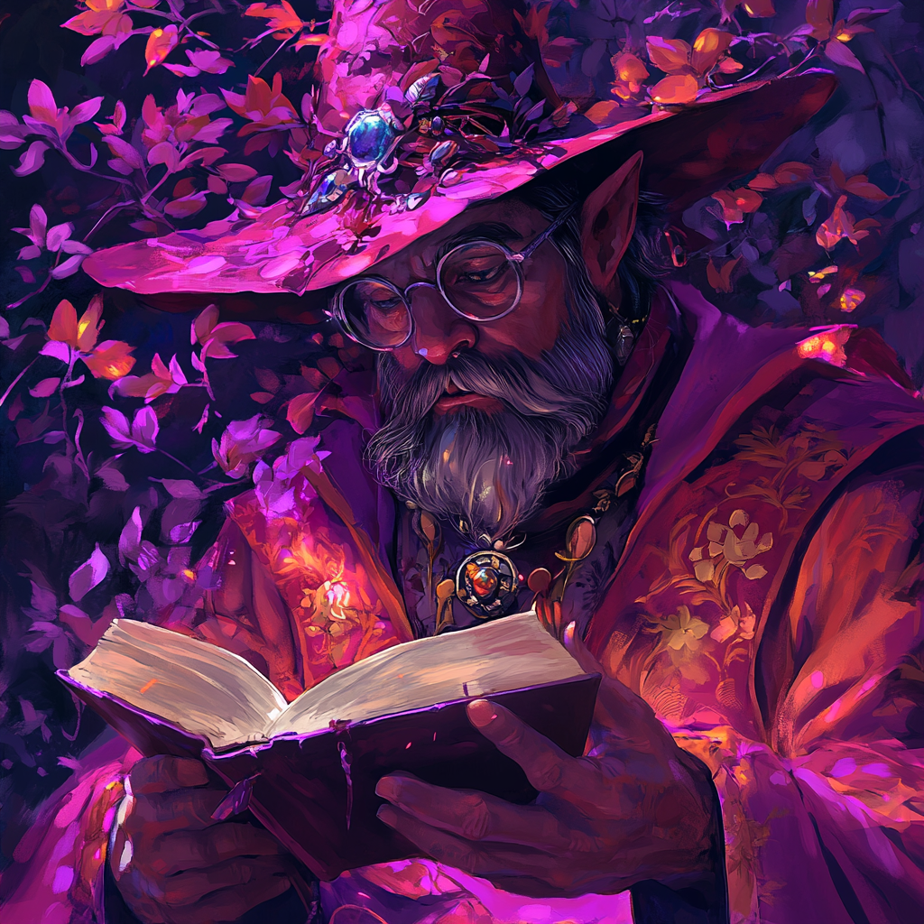 Dwarf in wizard hat reads book with glasses