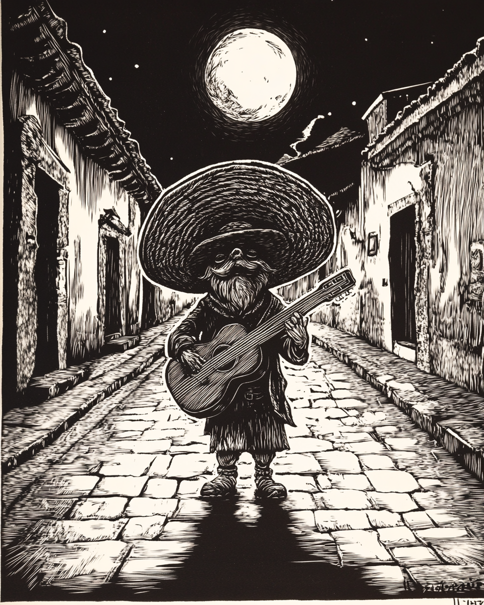 Dwarf with Guitar on Antigua Guatemala Street at Night