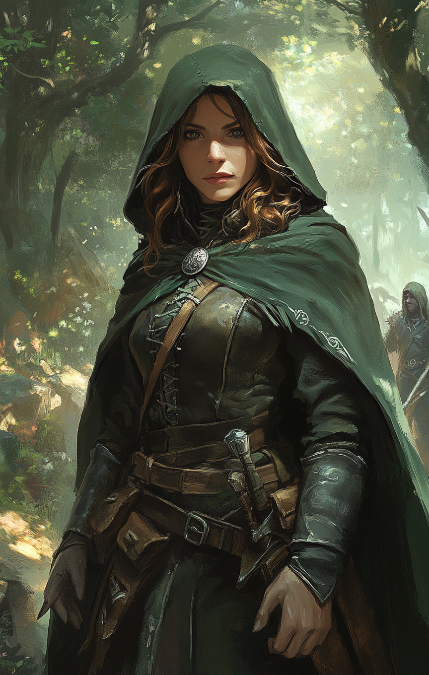 Dwarven rogue in green cloak blending Witcher style art.