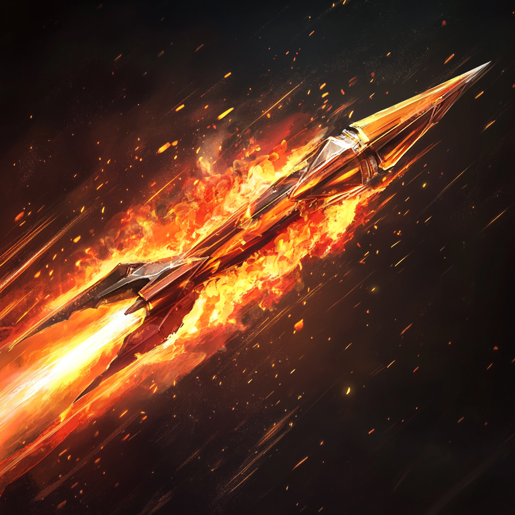 Dynamic flaming arrow shooting upward in the dark sky