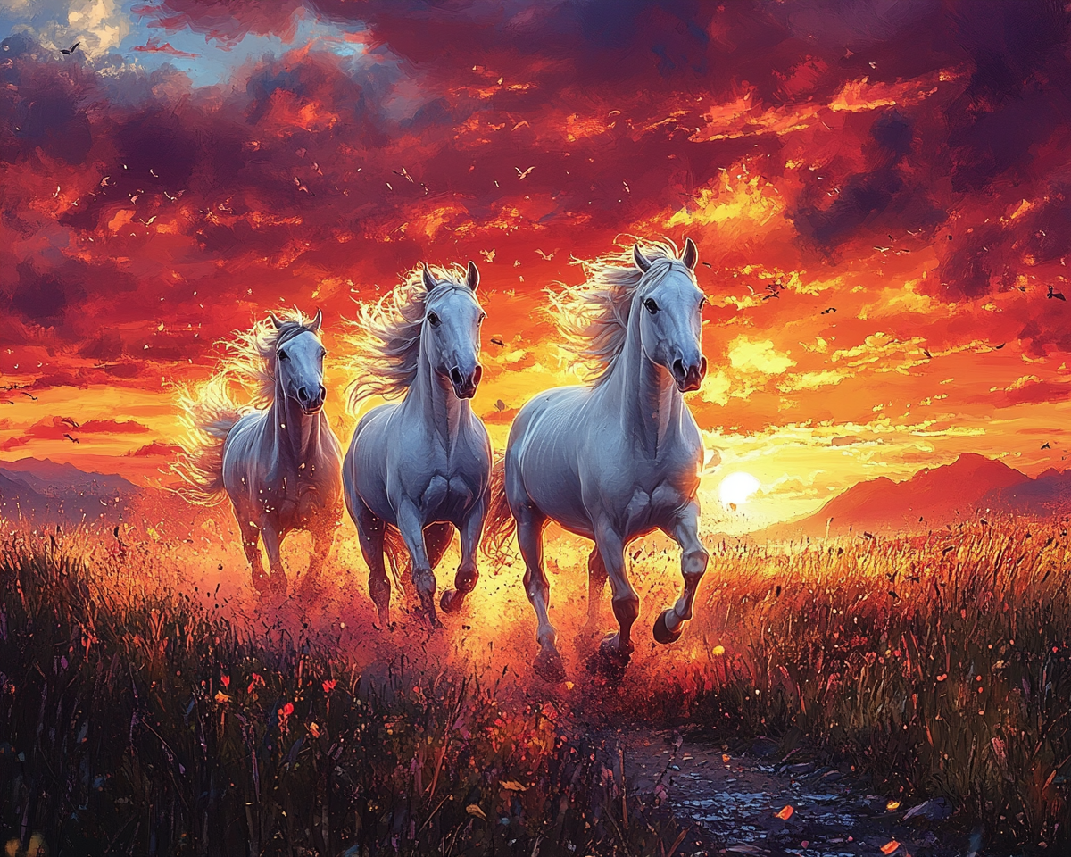 Dynamic painting of white horse in sunset.