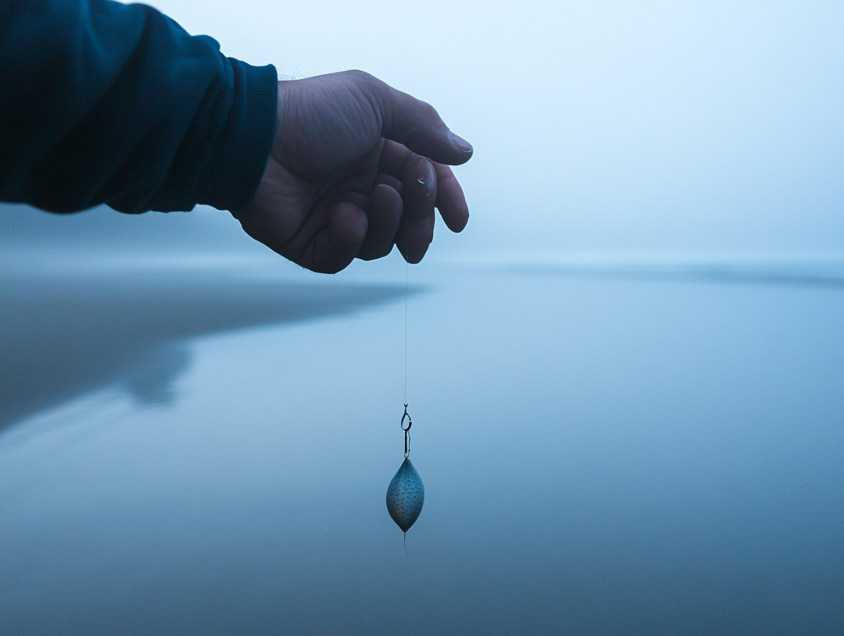 Early morning beach scene with man and blowfish