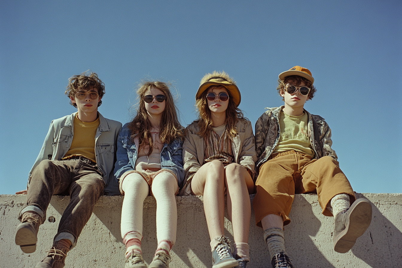 Eccentric teens on wall, industrial backdrop, color film.