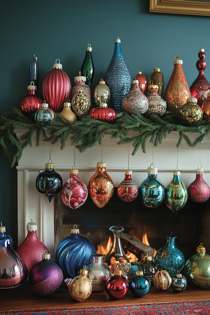 Eclectic Ornaments Mix on Festive Fireplace Mantle