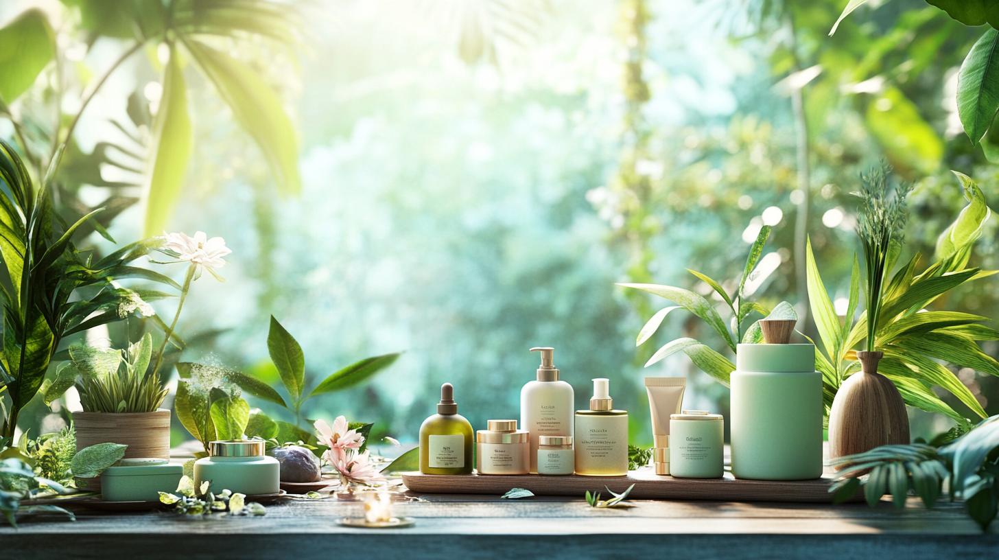 Eco-friendly beauty scene with sustainable products and natural elements.