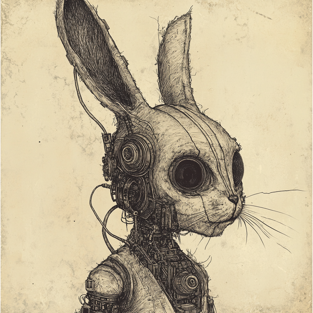 Eerie humanoid rabbit with robotic parts in vintage style.