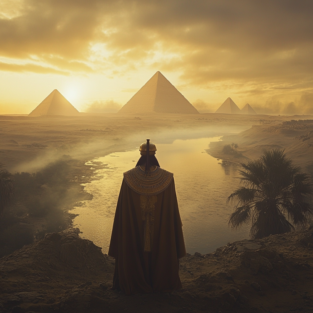 Egyptian Pharaoh Khufu at mystical Nile dawn