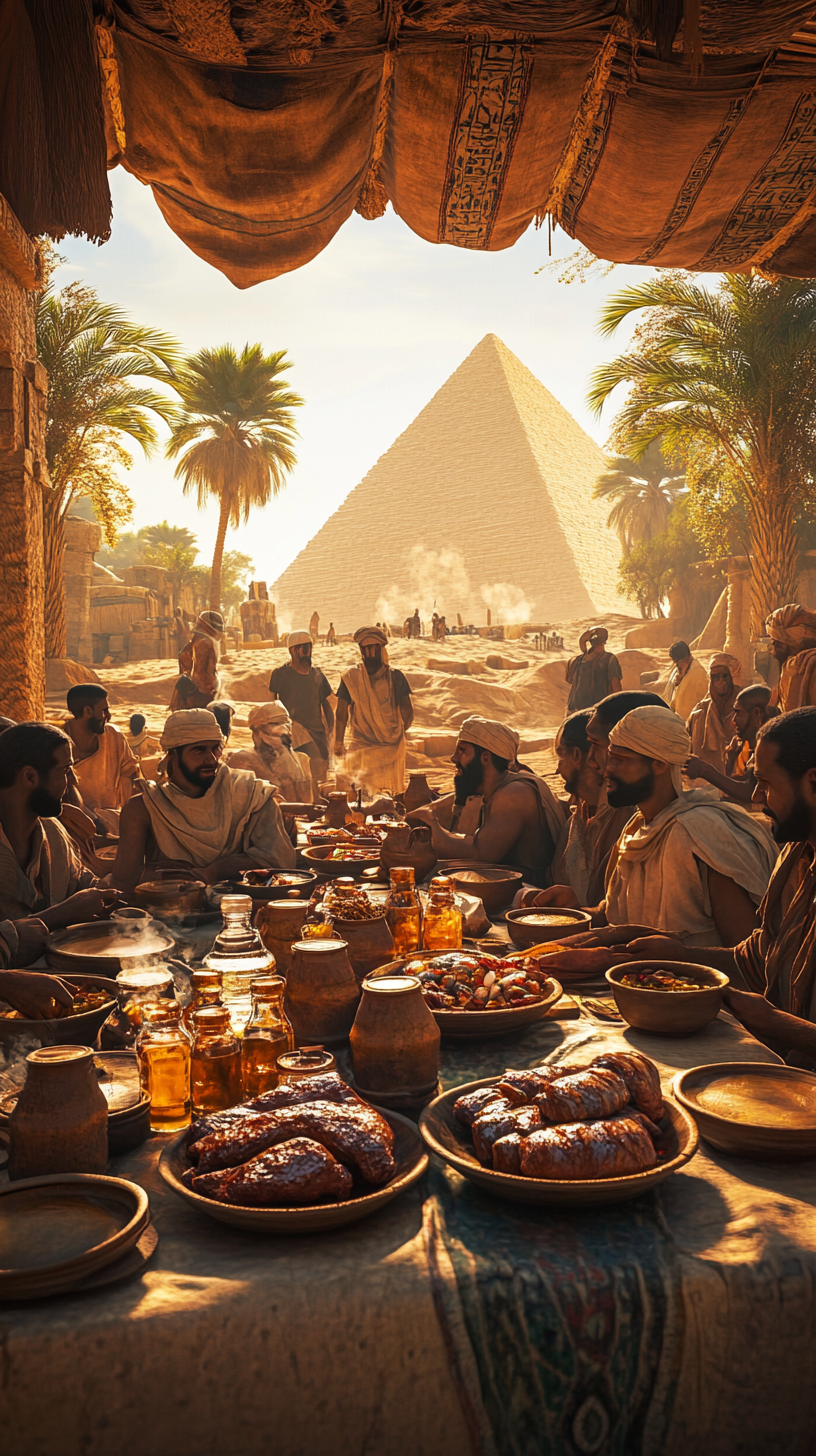 Egyptian workers enjoy meal near grand pyramid