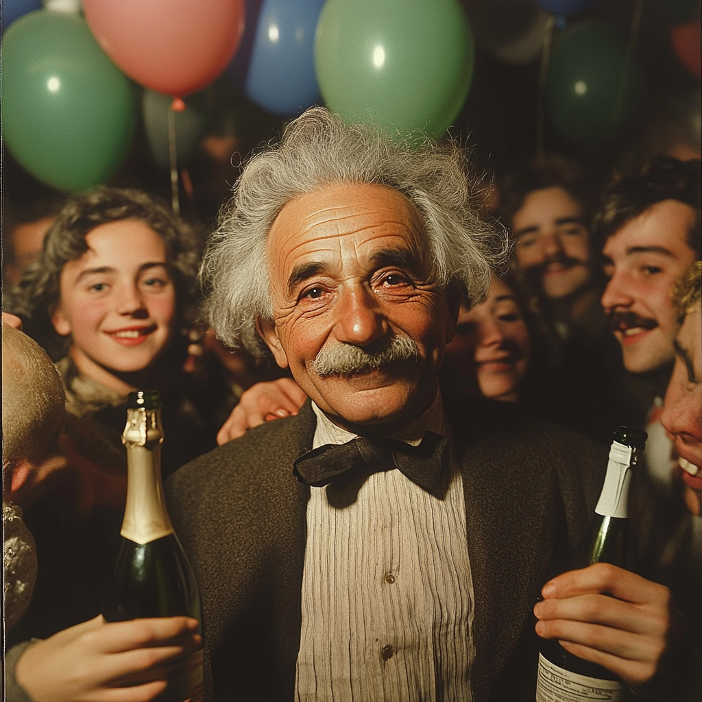 Einstein celebrating with college students at party