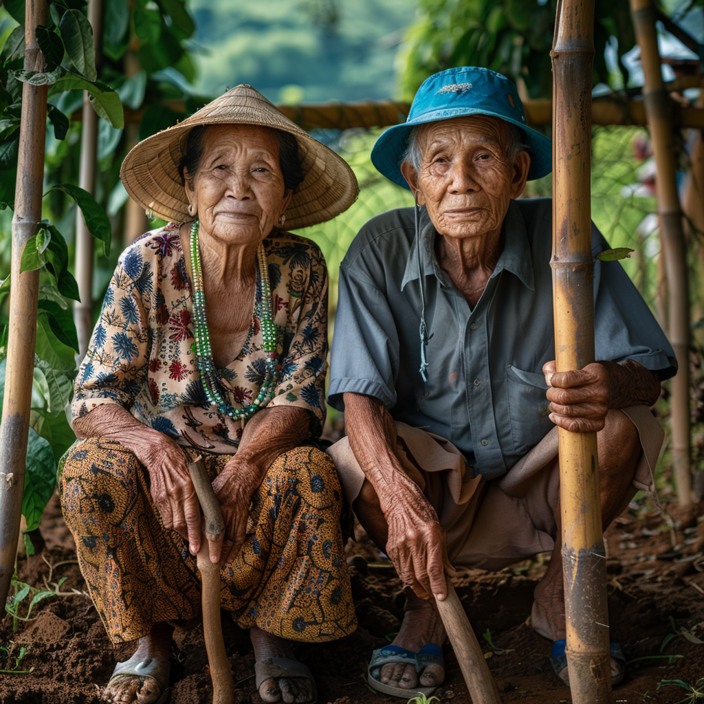 Elderly Cambodian farmers in lush Kampot pepper plantation