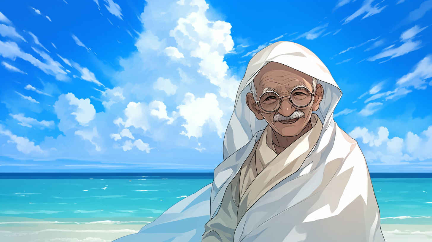 Elderly Gandhi at Beach in India, anime style