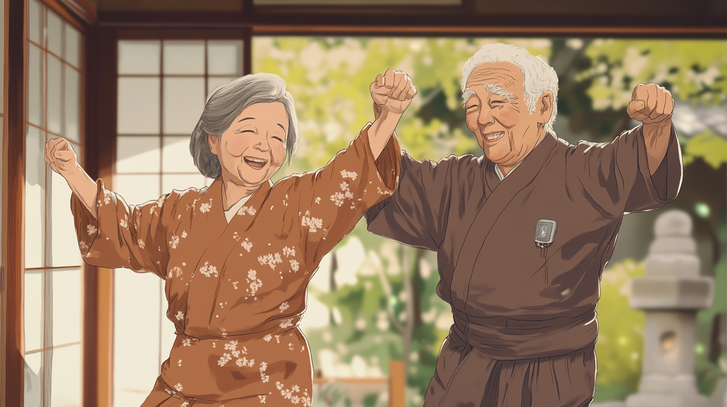 Elderly Japanese Couple Dancing with Arm Sensor