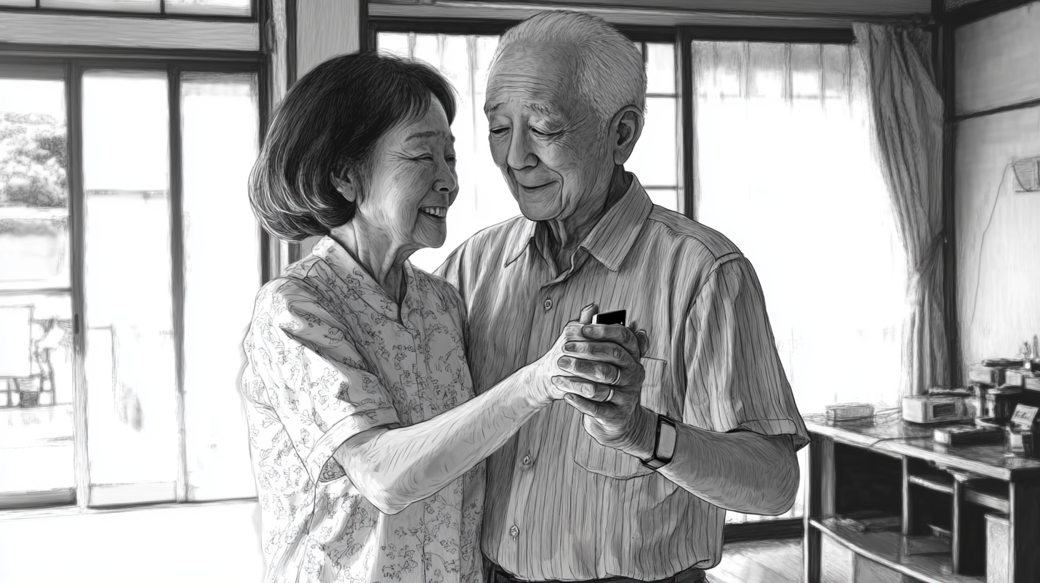 Elderly Japanese Couple Slow Dancing at Home