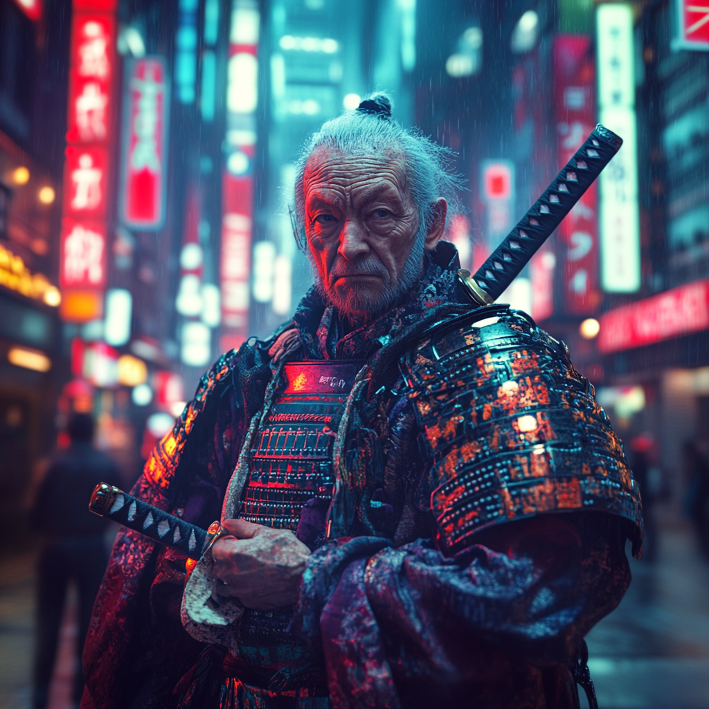 Elderly samurai in traditional armor confused in modern city.