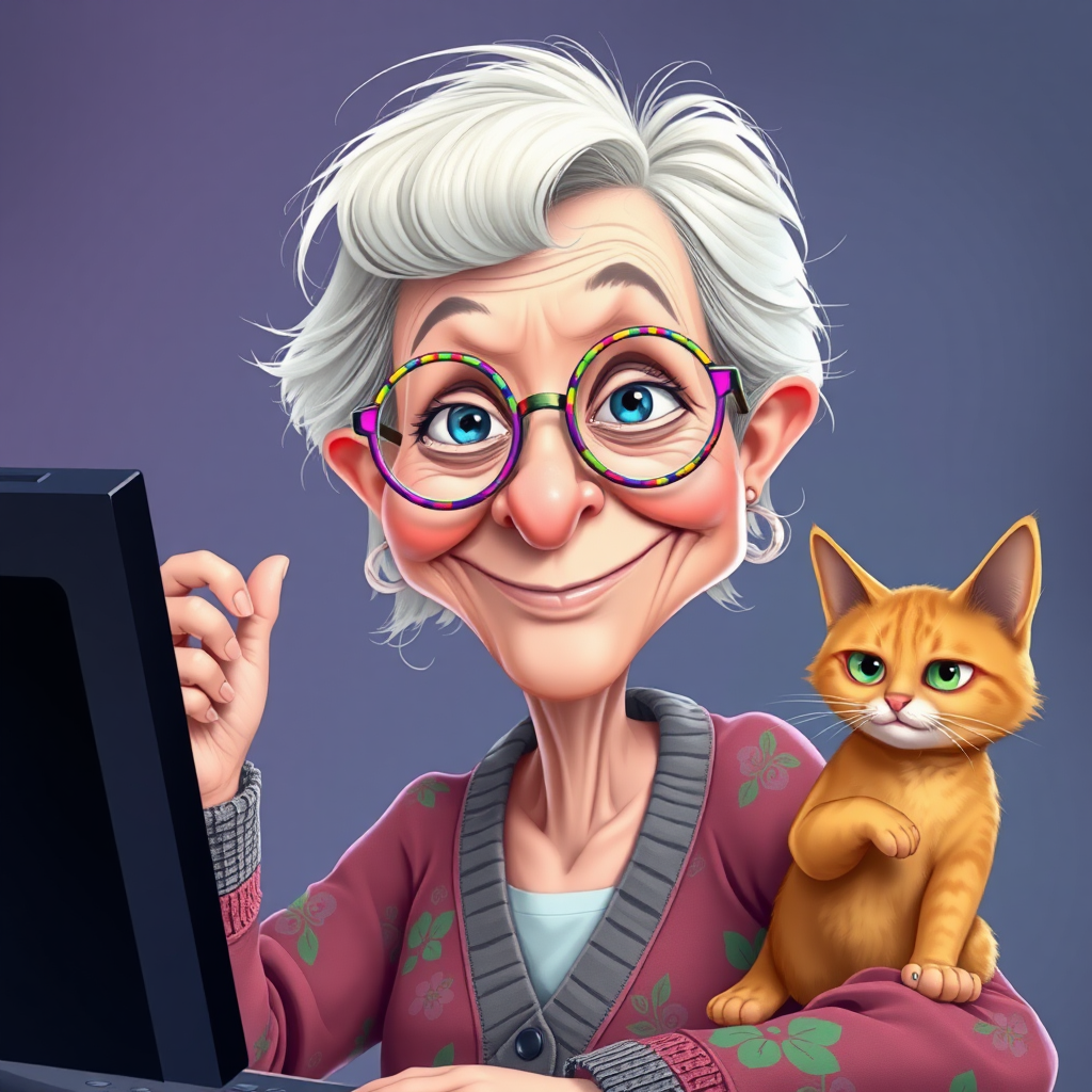 Elderly woman enjoys neural network project with kitty.