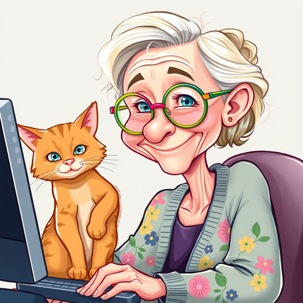 Elderly woman with kitty working on neural project.