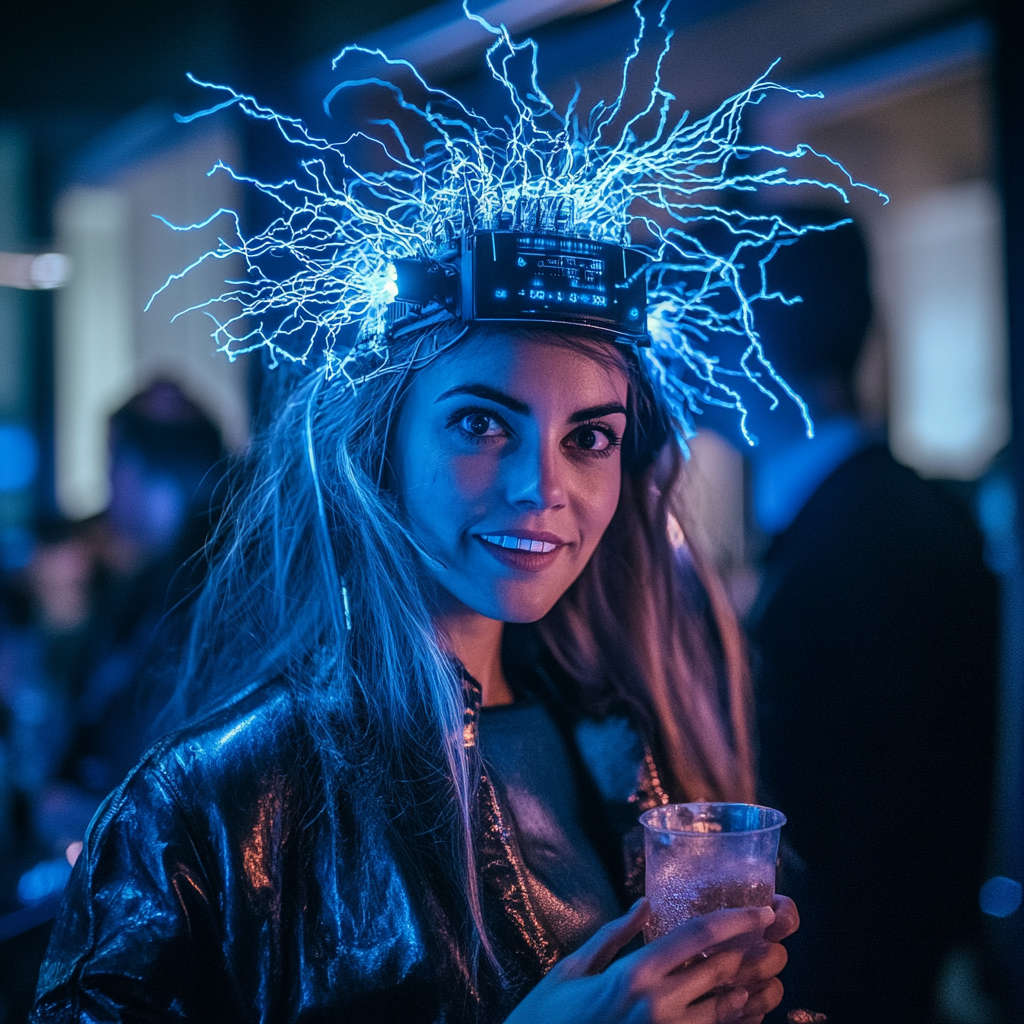 Electric Hair Woman at Halloween Party with Punch