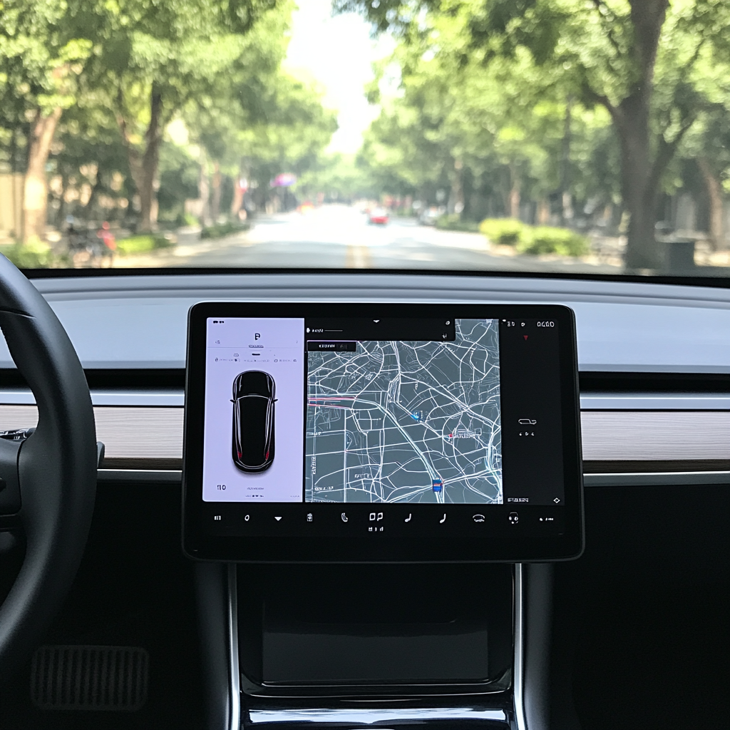 Electric car control panel shows battery info and navigation