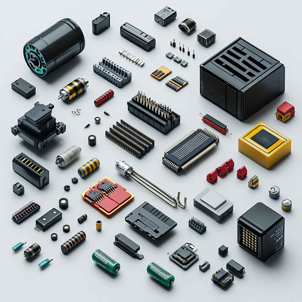 Electronic components on white background: capacitor, resistor, LED.