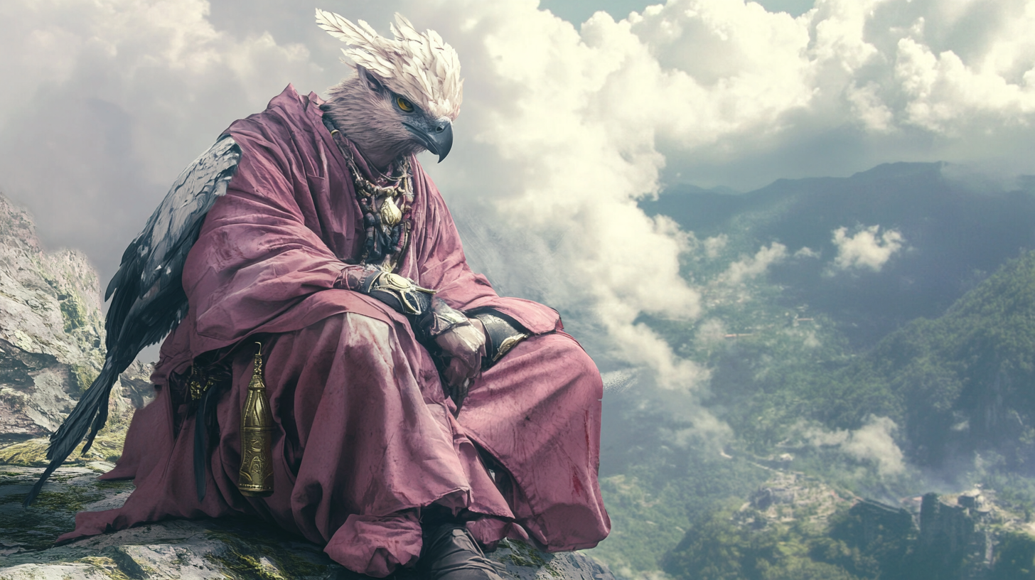 Elegant Aarakocra Monk Crouching on Mountain