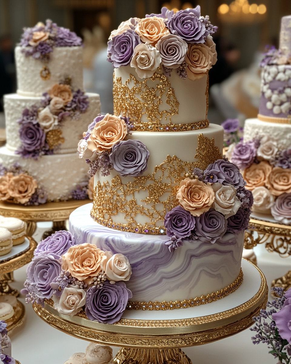 Elegant Cake Display in Lavender and Gold Theme