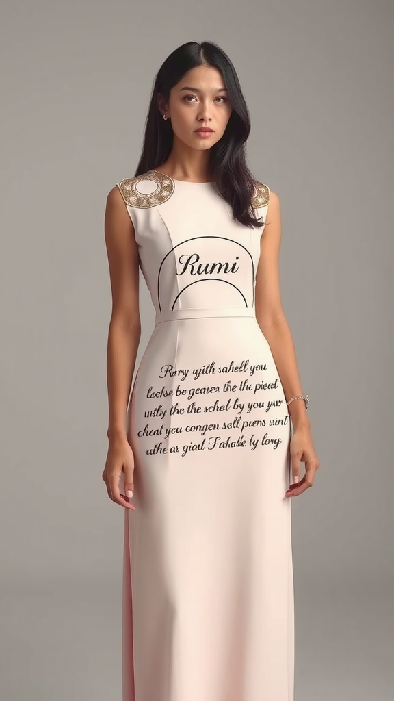 Elegant Dress Featuring Rumi's Poetry and Geometric Designs