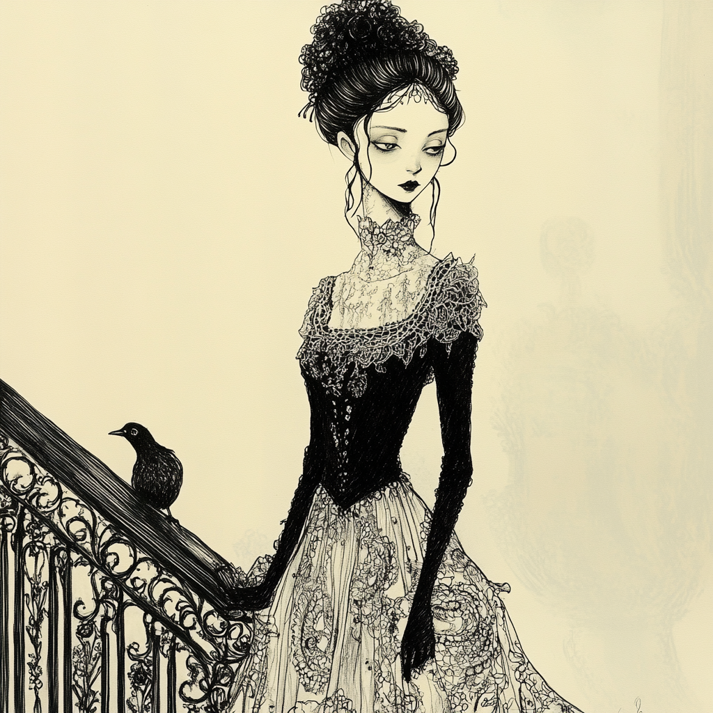 Elegant Figure in Victorian Gown with Surreal Atmosphere.