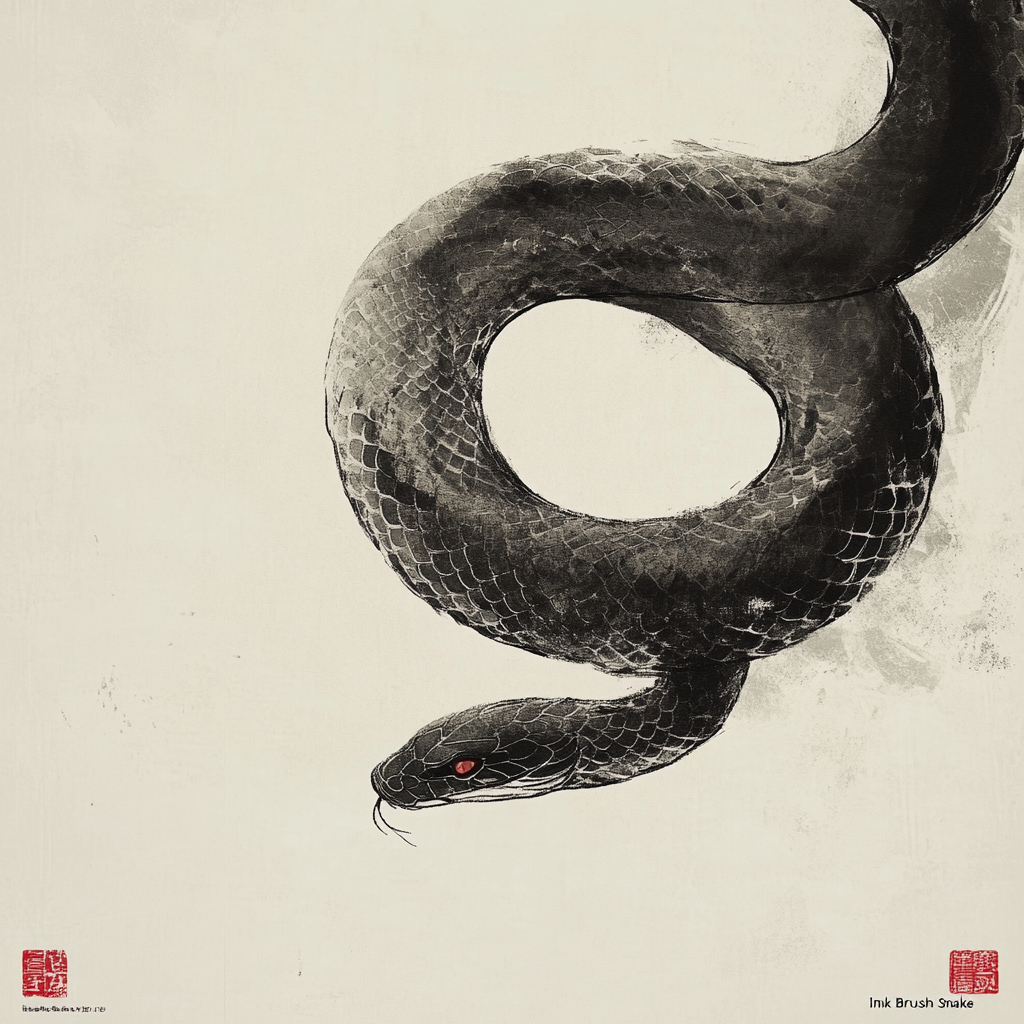 Elegant Ink Brush Snake: Coiled snake in ink brush stroke