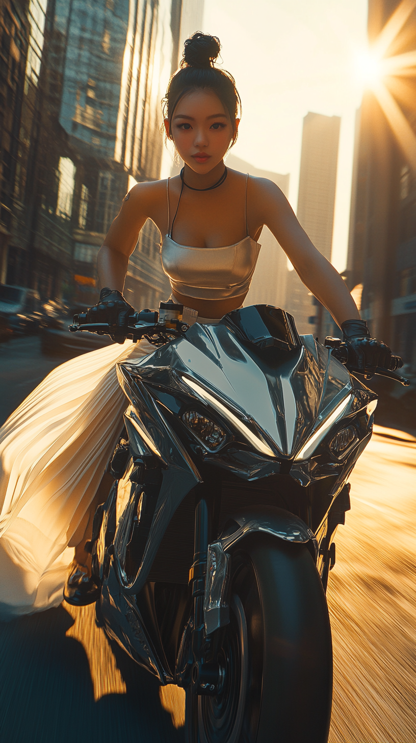 Elegant Japanese woman rides luxurious Kawasaki Ninja