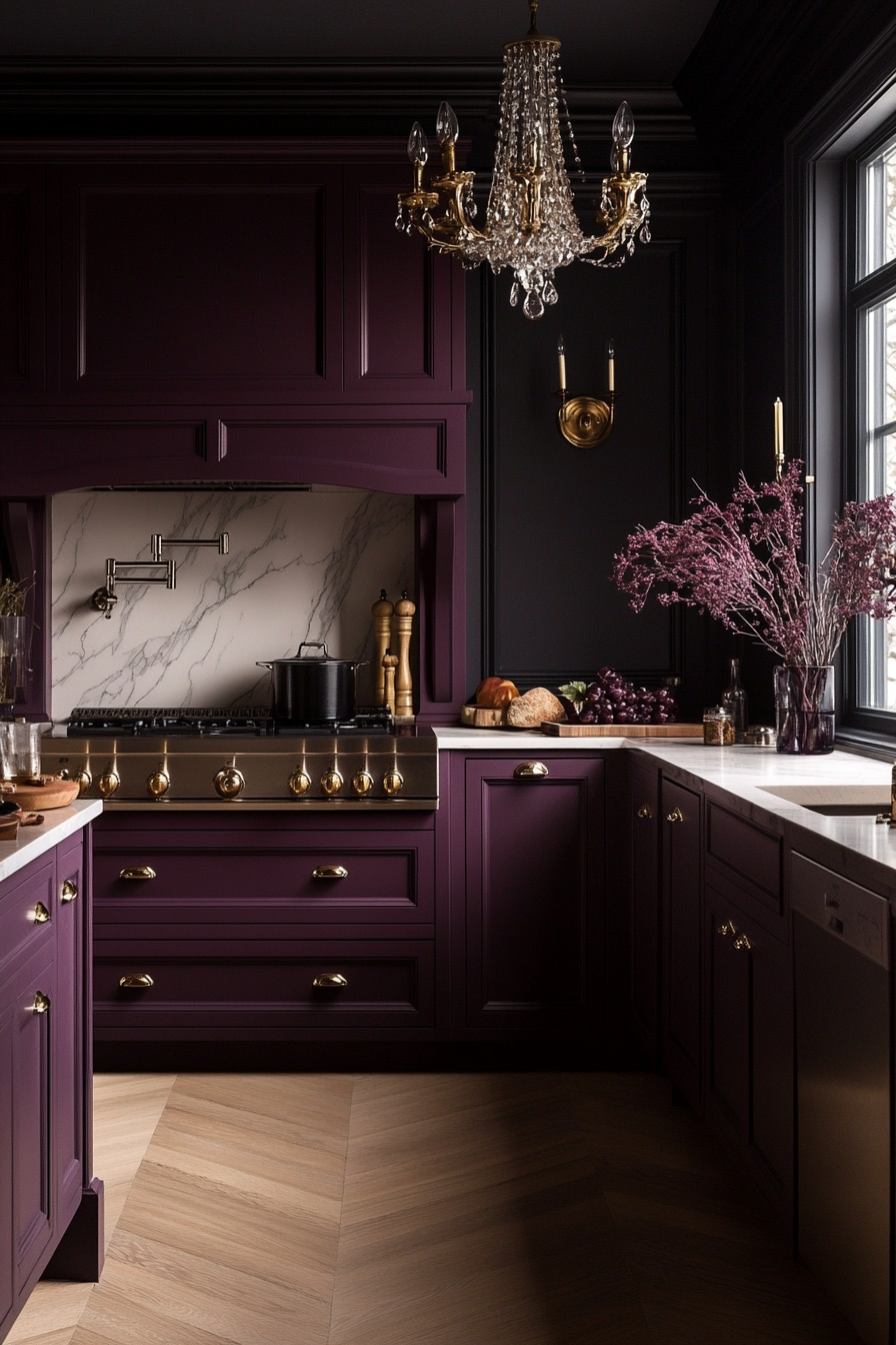 Elegant Kitchen with Blackberry Bliss Cabinets and Pink Marble