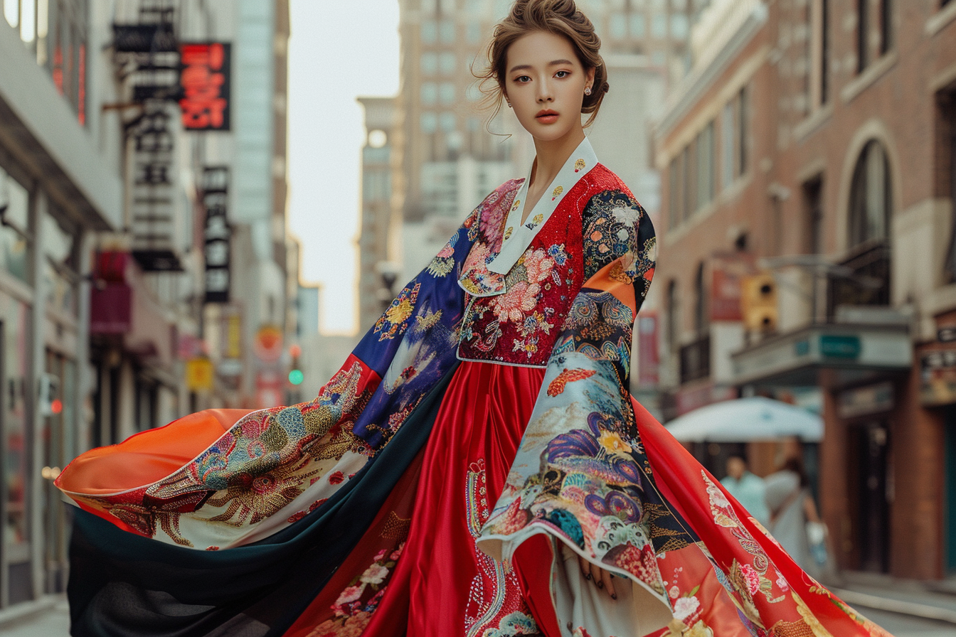 Elegant Korean hanbok fashion in vibrant city