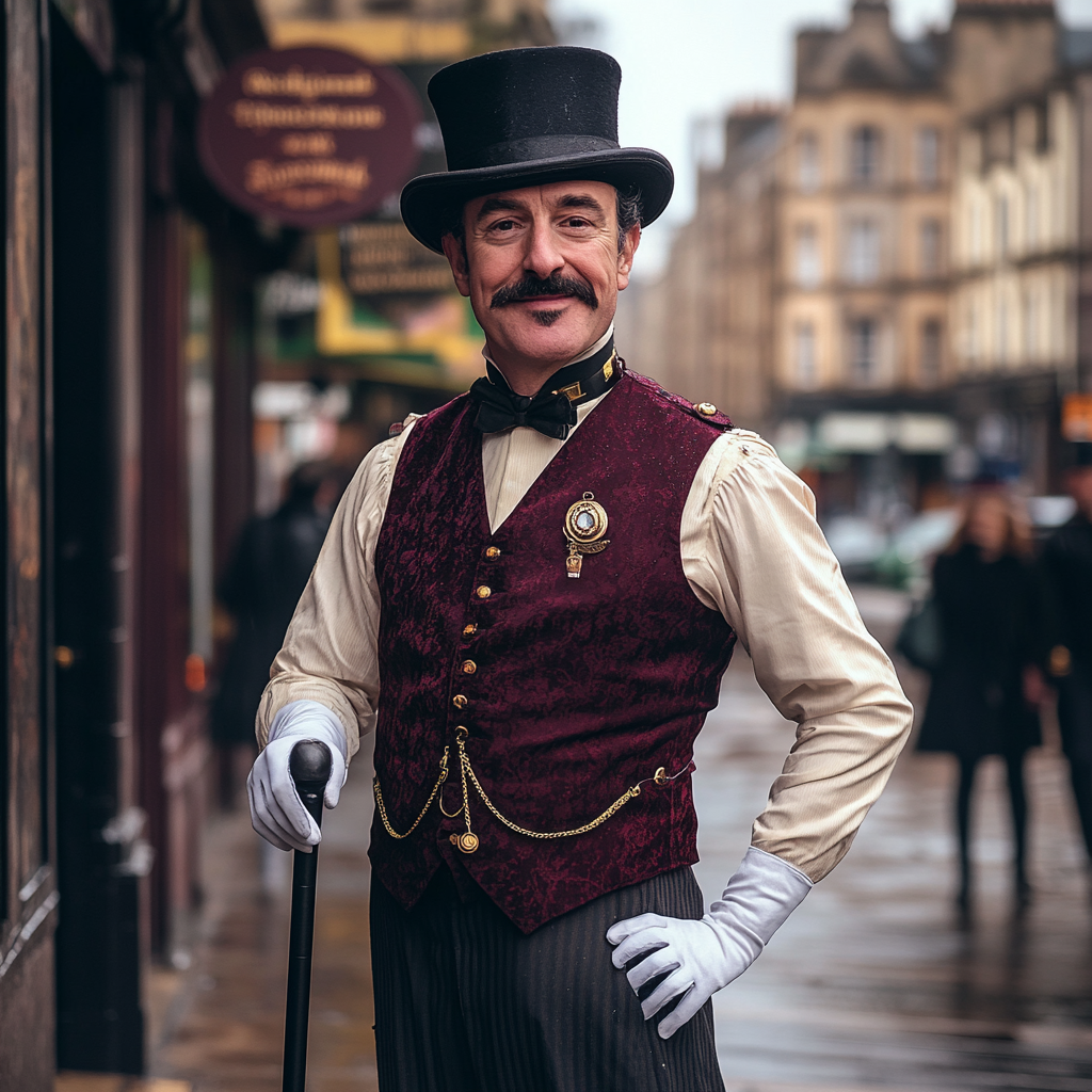 Elegant Man in 1950s Glasgow City Rain