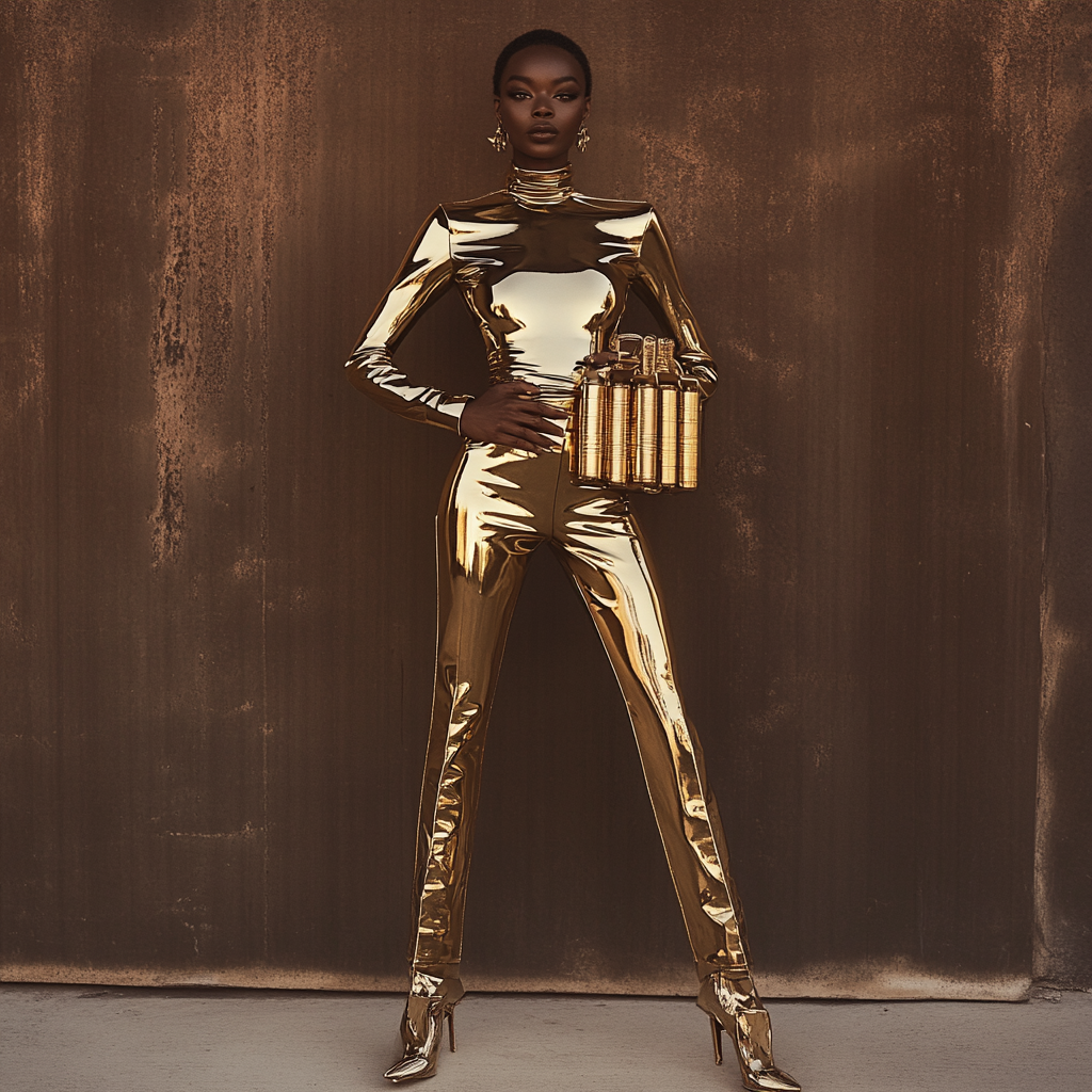 Elegant Model in Chic, Golden Paco Rabanne Outfit