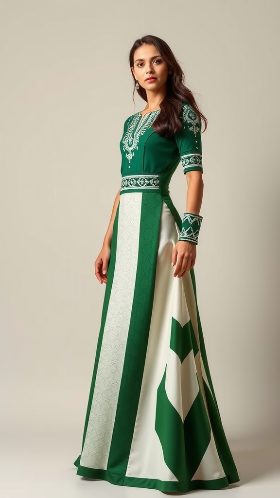 Elegant Persian-inspired women's dress with geometric patterns.