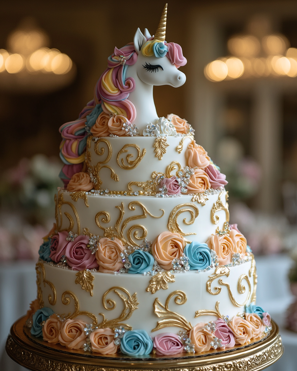 Elegant Rainbow Unicorn Themed Cake with Filigree Design