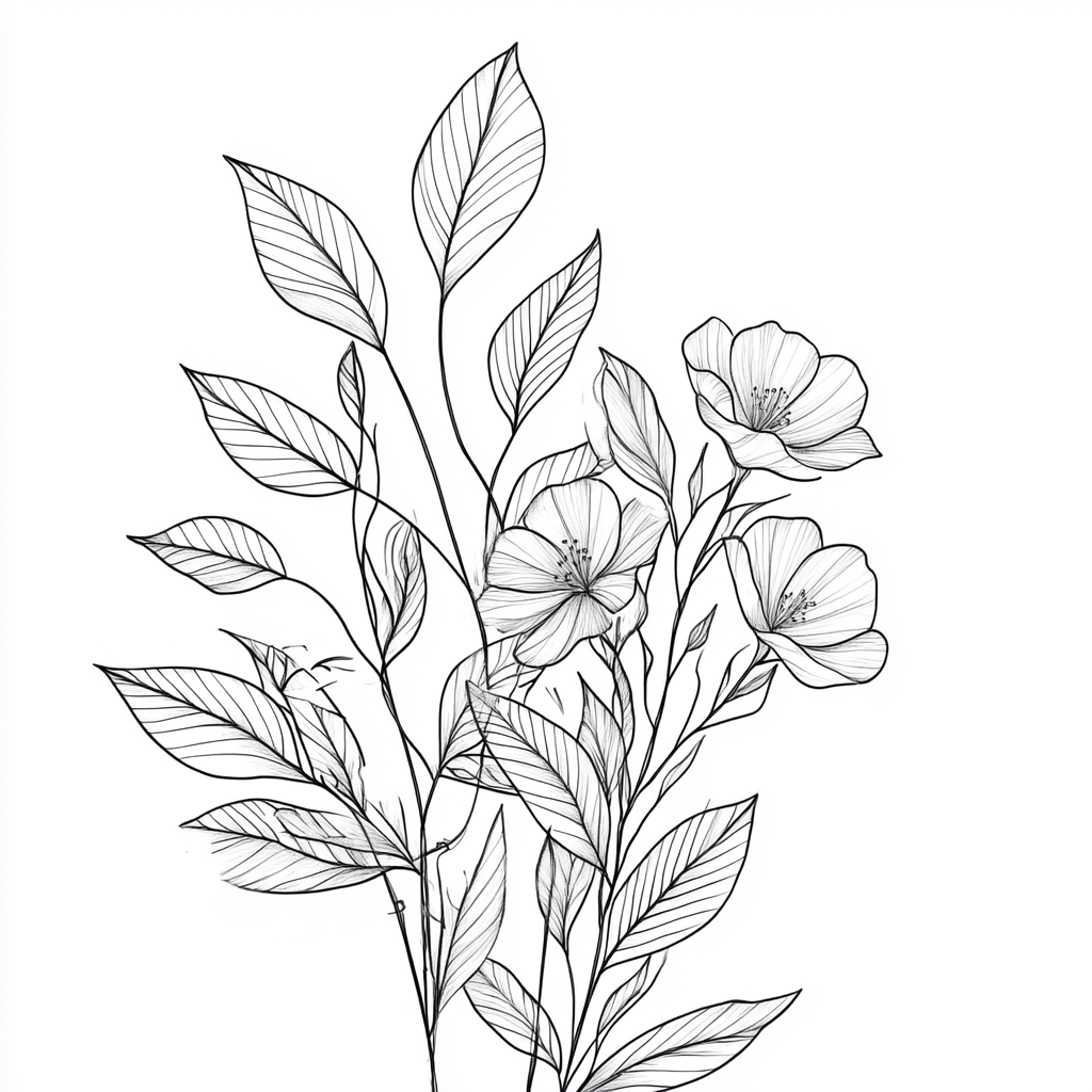 Elegant adult coloring botanical line drawing, minimalist and harmonious.