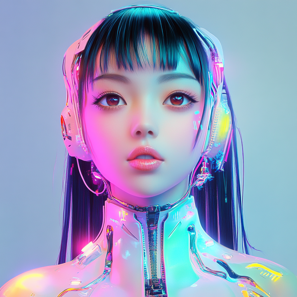 Elegant anime-style woman in futuristic cyberpunk-inspired metaverse.