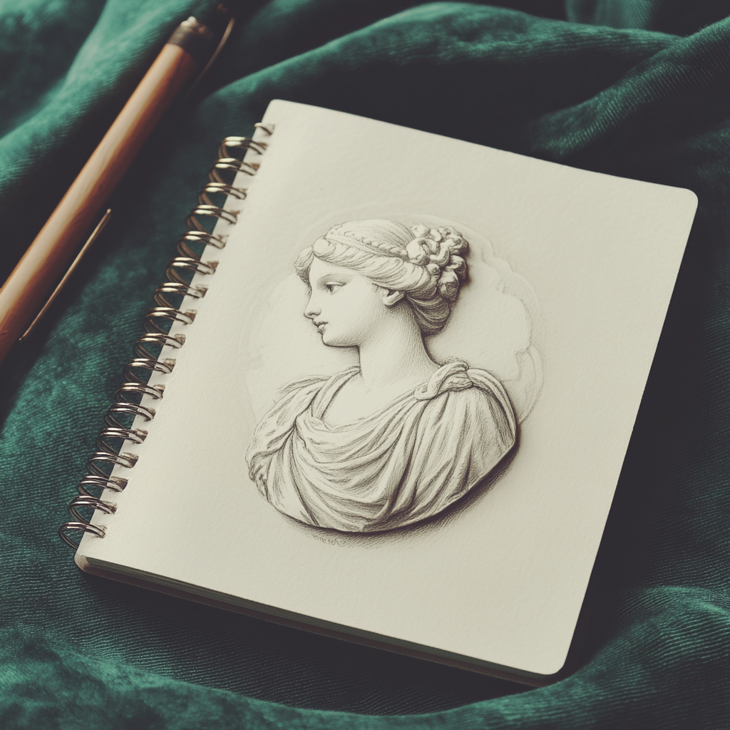 Elegant art nouveau pendant sketch on spiral notebook.