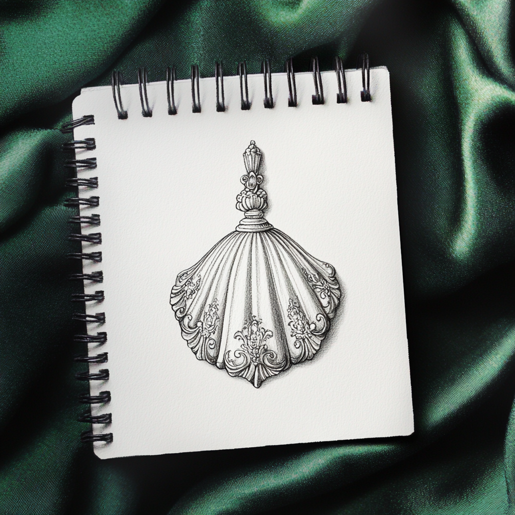 Elegant art nouveau shell pendant sketch on notebook.