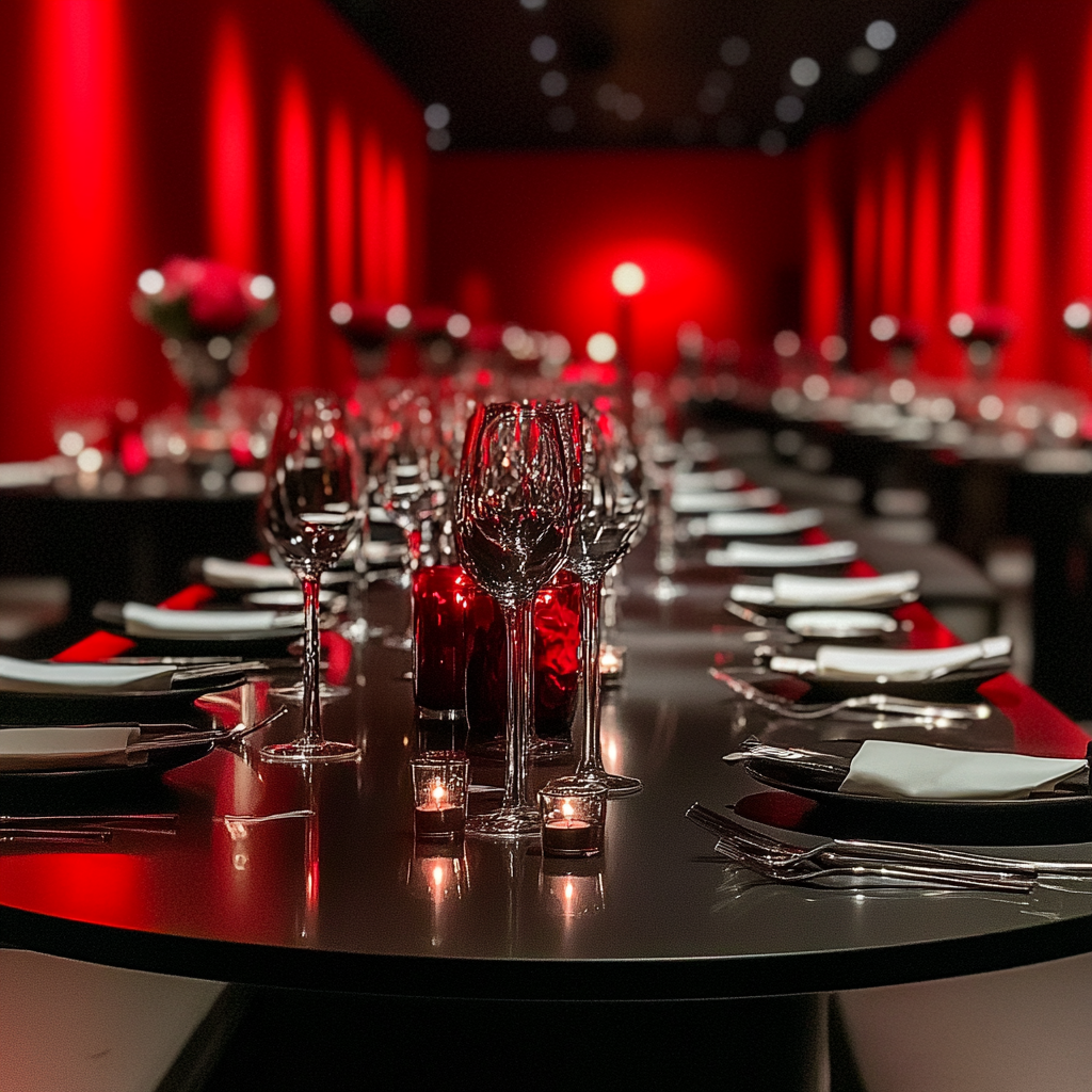 Elegant black tables with silverware in red room