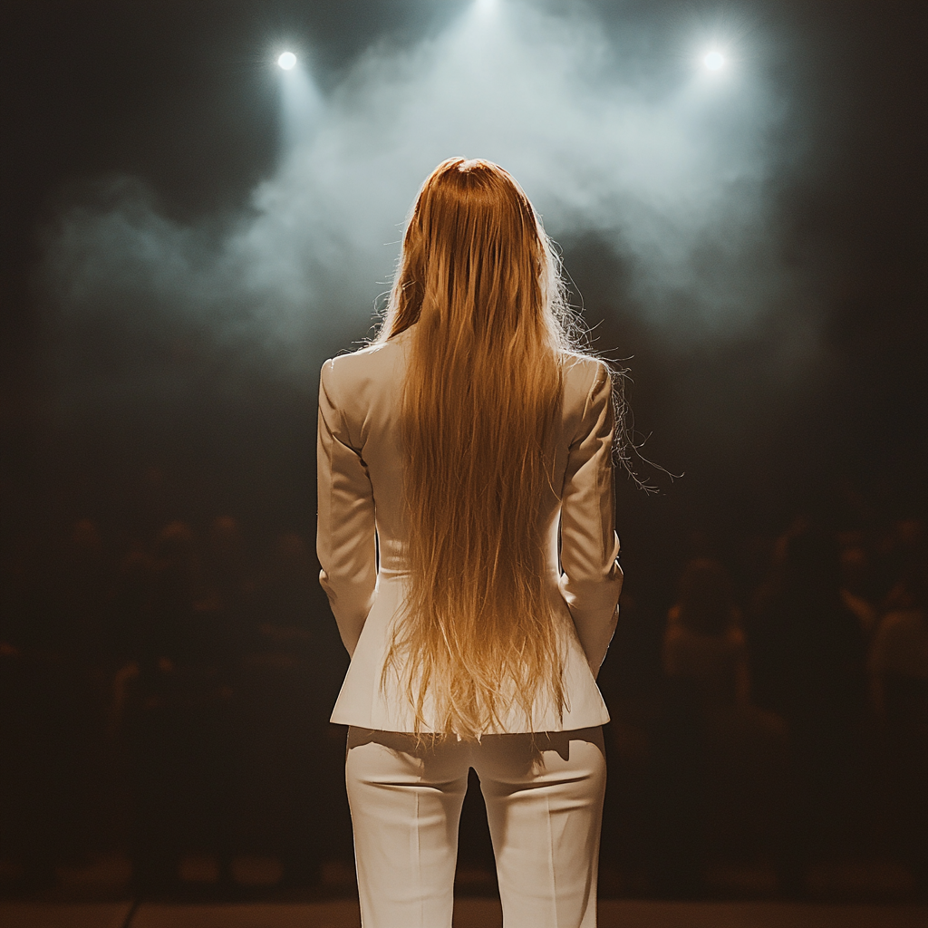 Elegant blonde woman in white suit on stage