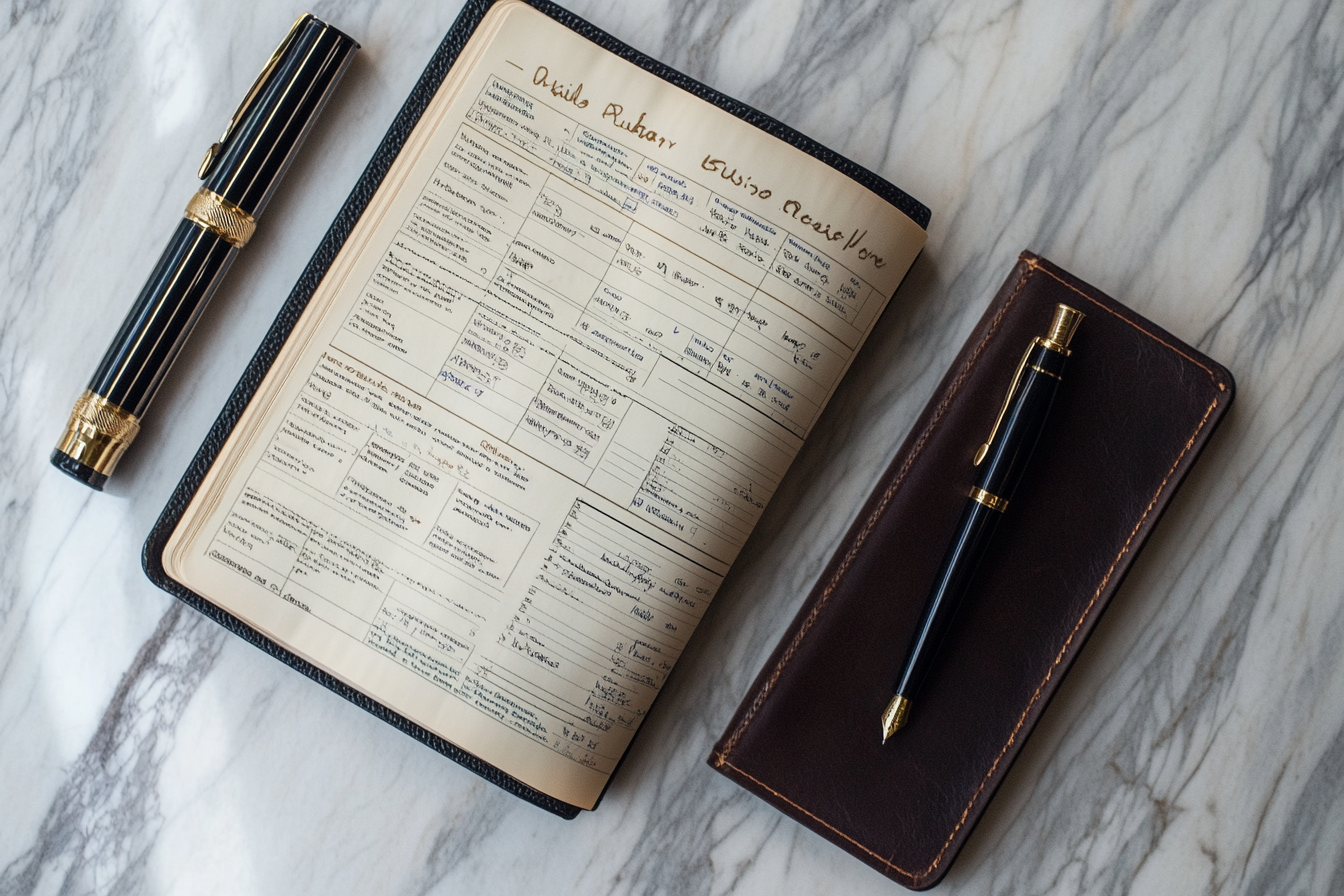 Budget book and Pen on a marble table