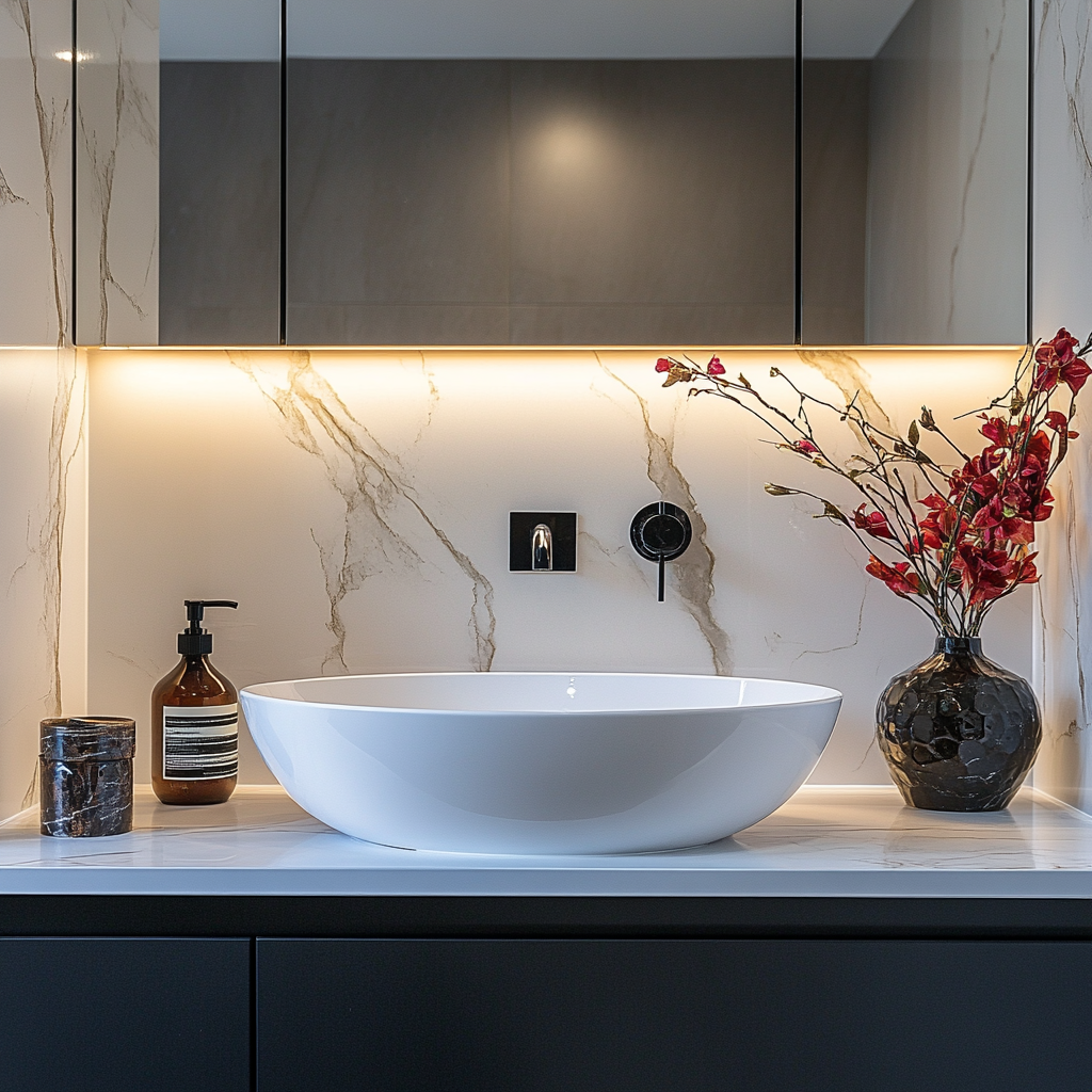 Elegant company bathroom sink with front view.